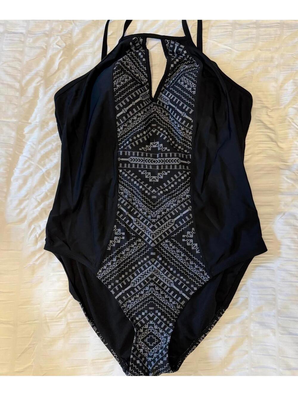 Women's Swimsuit One Piece Black Geometric Aztec Design - Size 16